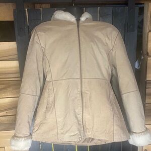 New York Classics women’s Tan Pig Suede Sherpa Jacket faux fur trim size XL